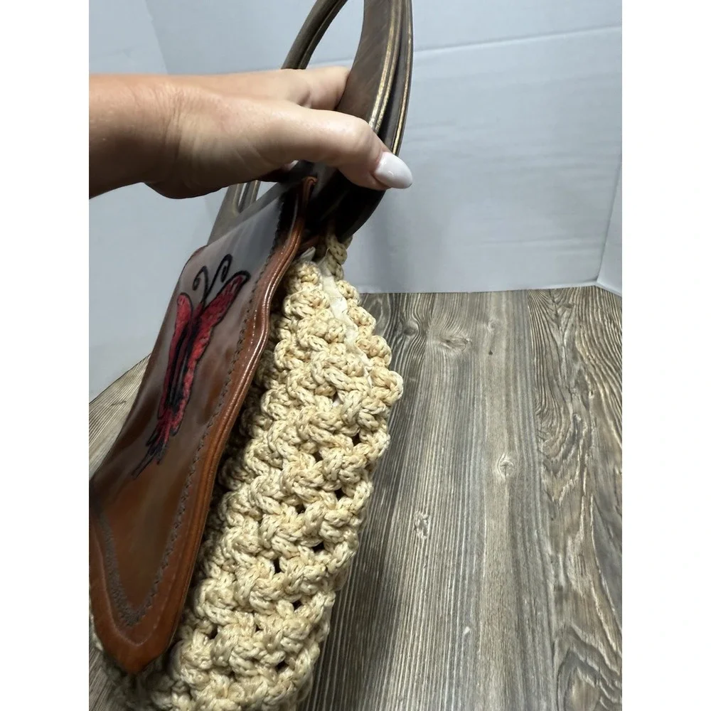 Vintage Boho Macrame Handbag Butterfly Embroidered‎ Wood Handle Brown Tan Bag